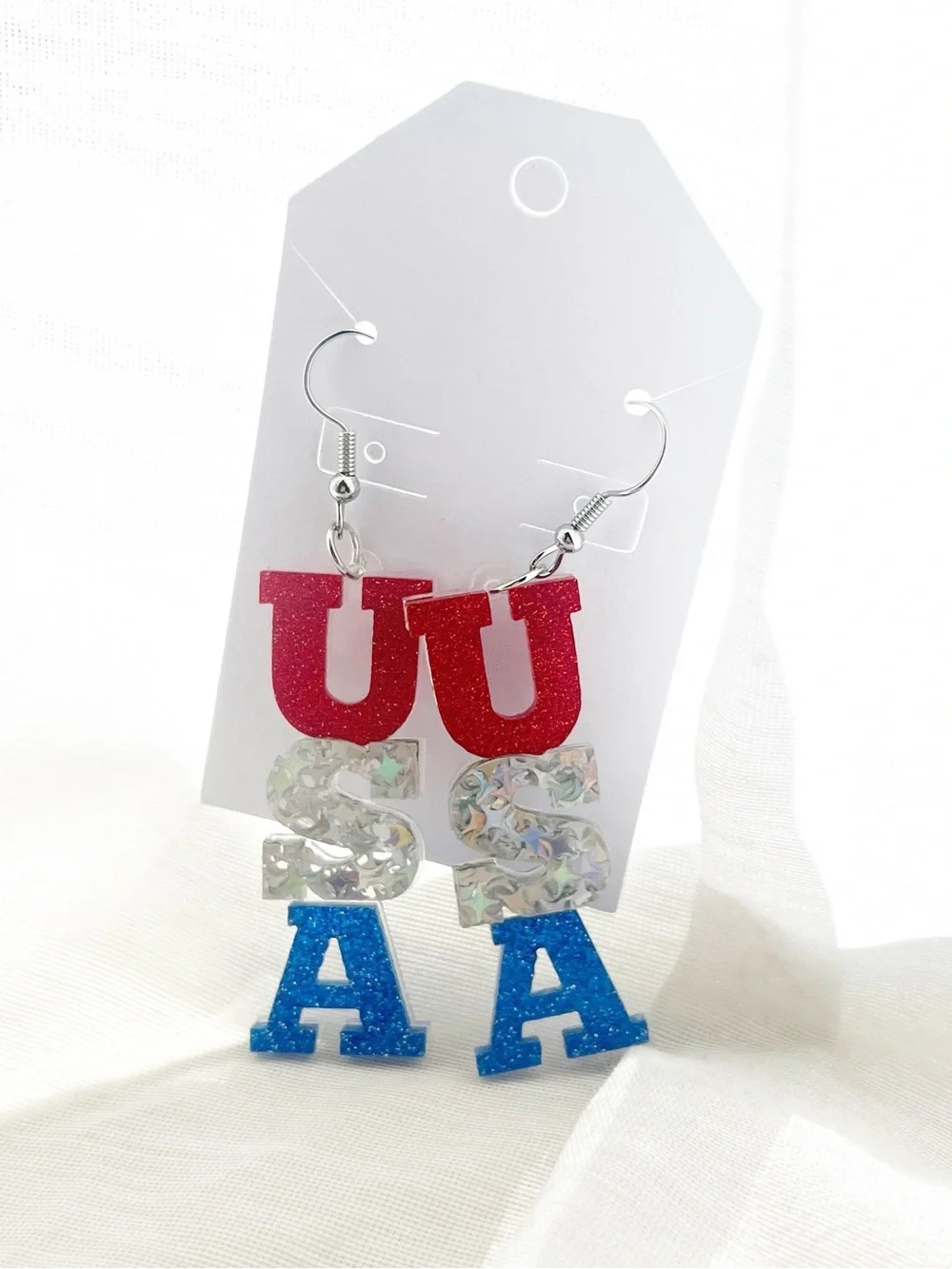 Red White and Blue USA Glitter Letter Earrings - New!